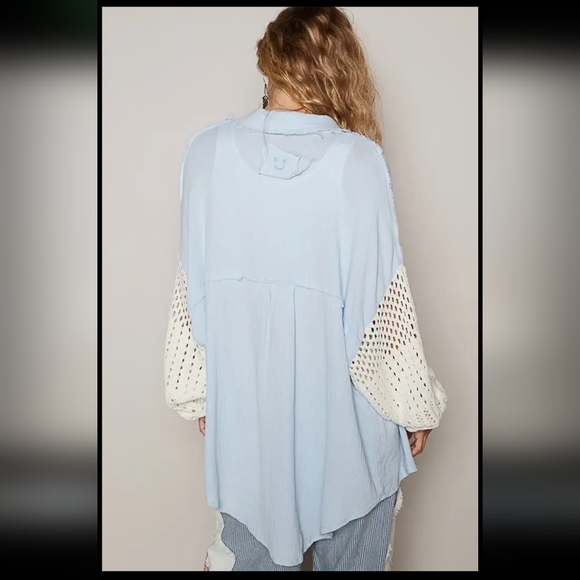 POL Light Blue Button-Up Shirt with Crochet Sleeves - Picture 4 of 6